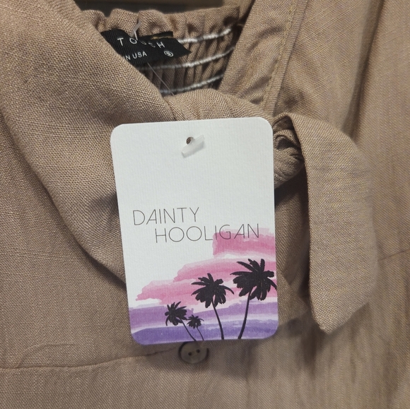 Dainty Hooligan Beige Midi Dress with Faux Button Detail & Bow Tie - Picture 2 of 8